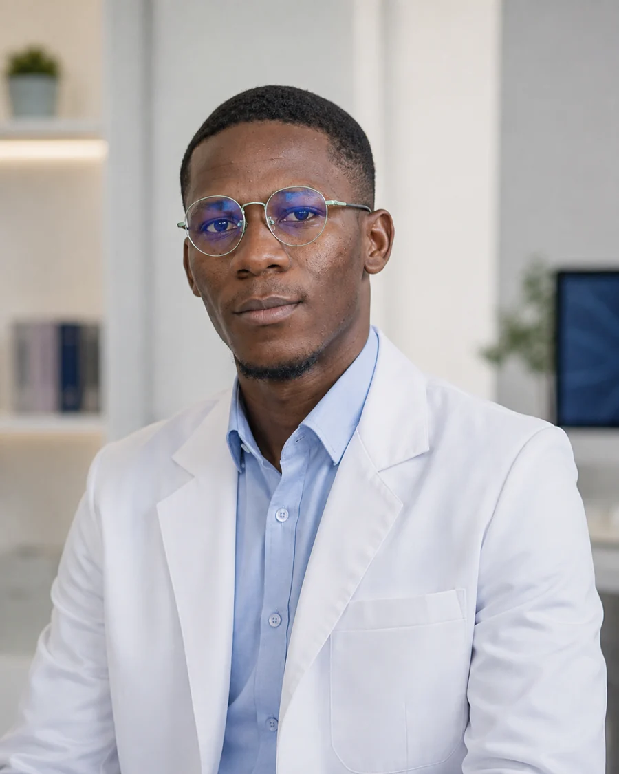 Dr Tolulope Ajidahun, FJMK's medical reviewer, in a white coat